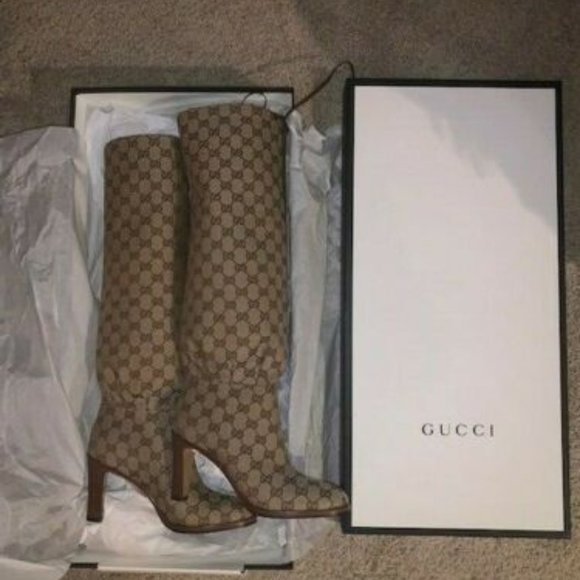 [Sold] Beige GG Canvas Mid-Heel Boots - Picture 5 of 5